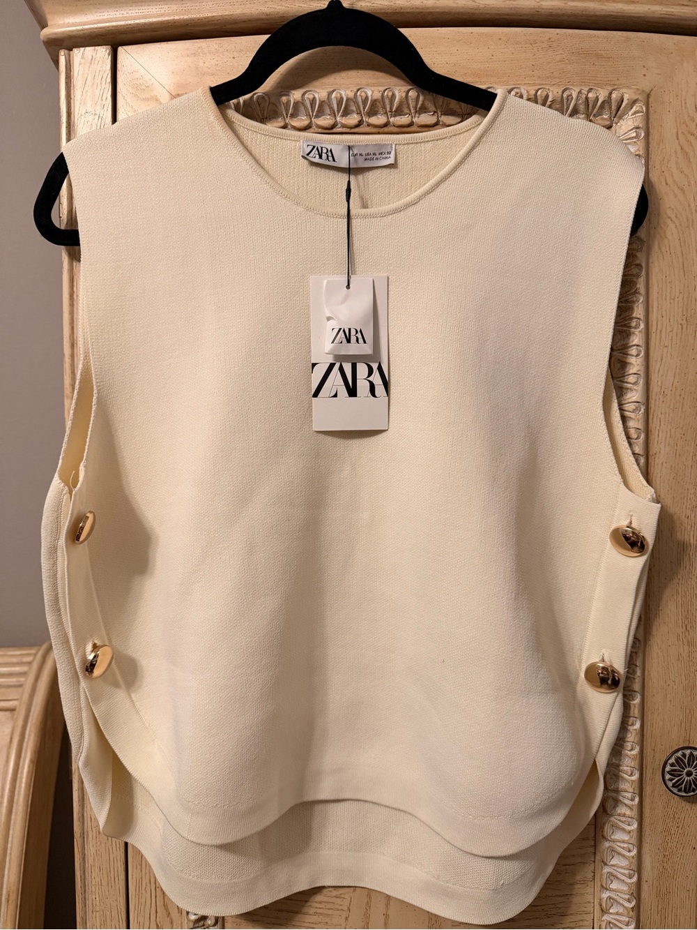 Zara Cream Sleeveless Knit Top with Gold Side Buttons